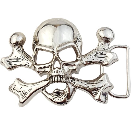 Chrome Silver Skull and Cross bone Buckle - Picture 1 of 3